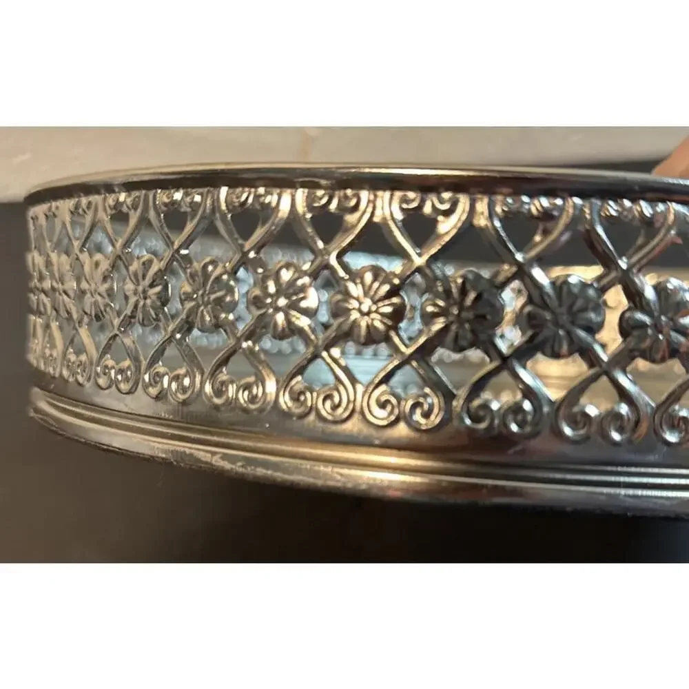 10” Round Elegant Silver Mirror Table Top Decor Vanity Tray Perfumes Ornate Rim